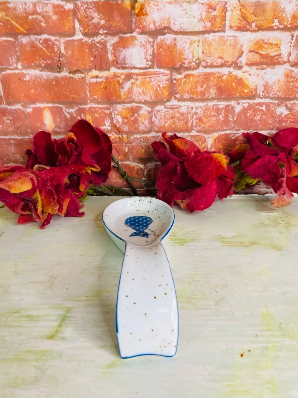 Vintage Otagiri White Ceramic Spoon Rest with Blue Floral Cat Accent